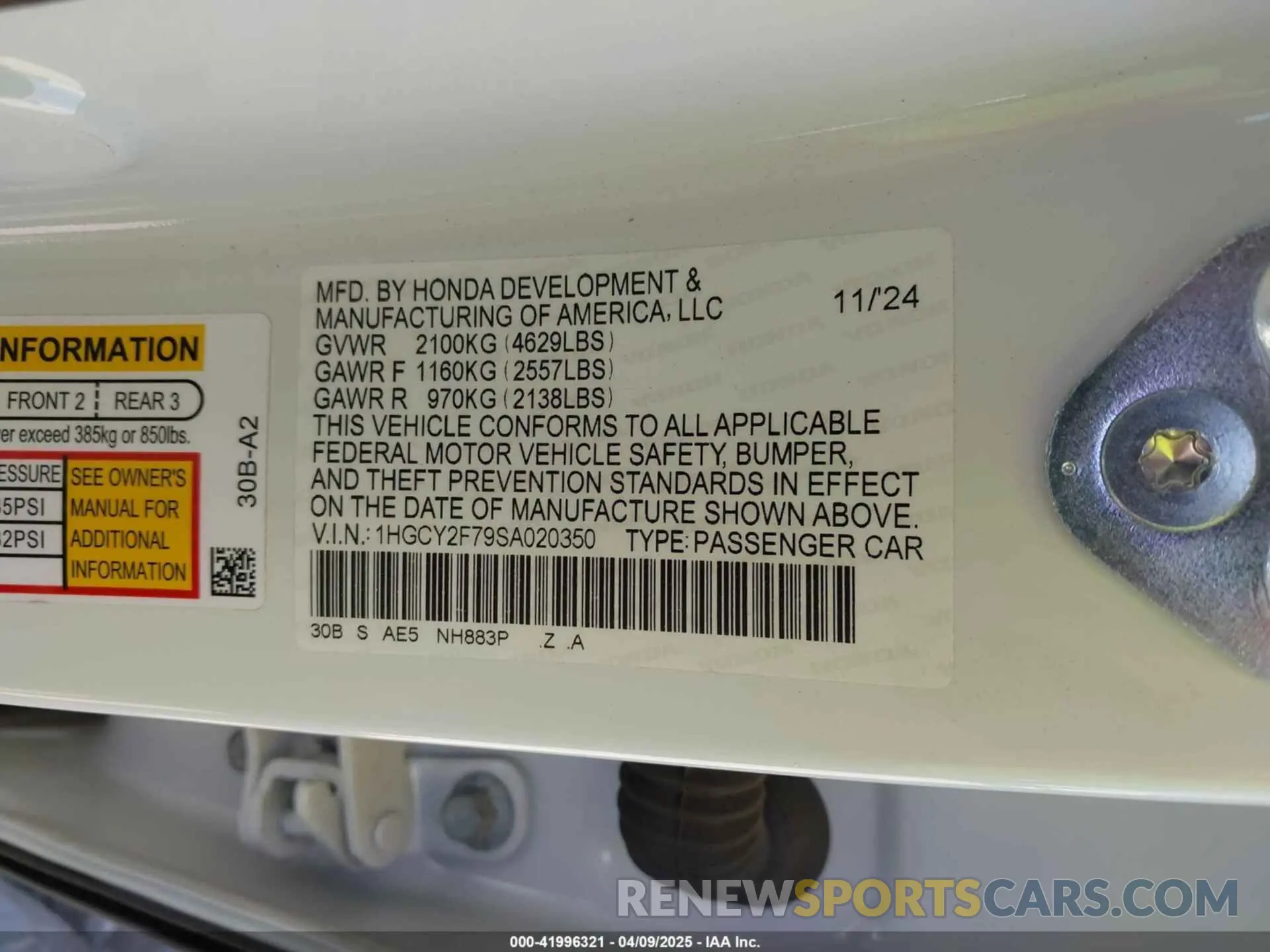 9 fotografías del automóvil dañado 1HGCY2F79SA020350 HONDA ACCORD 2025