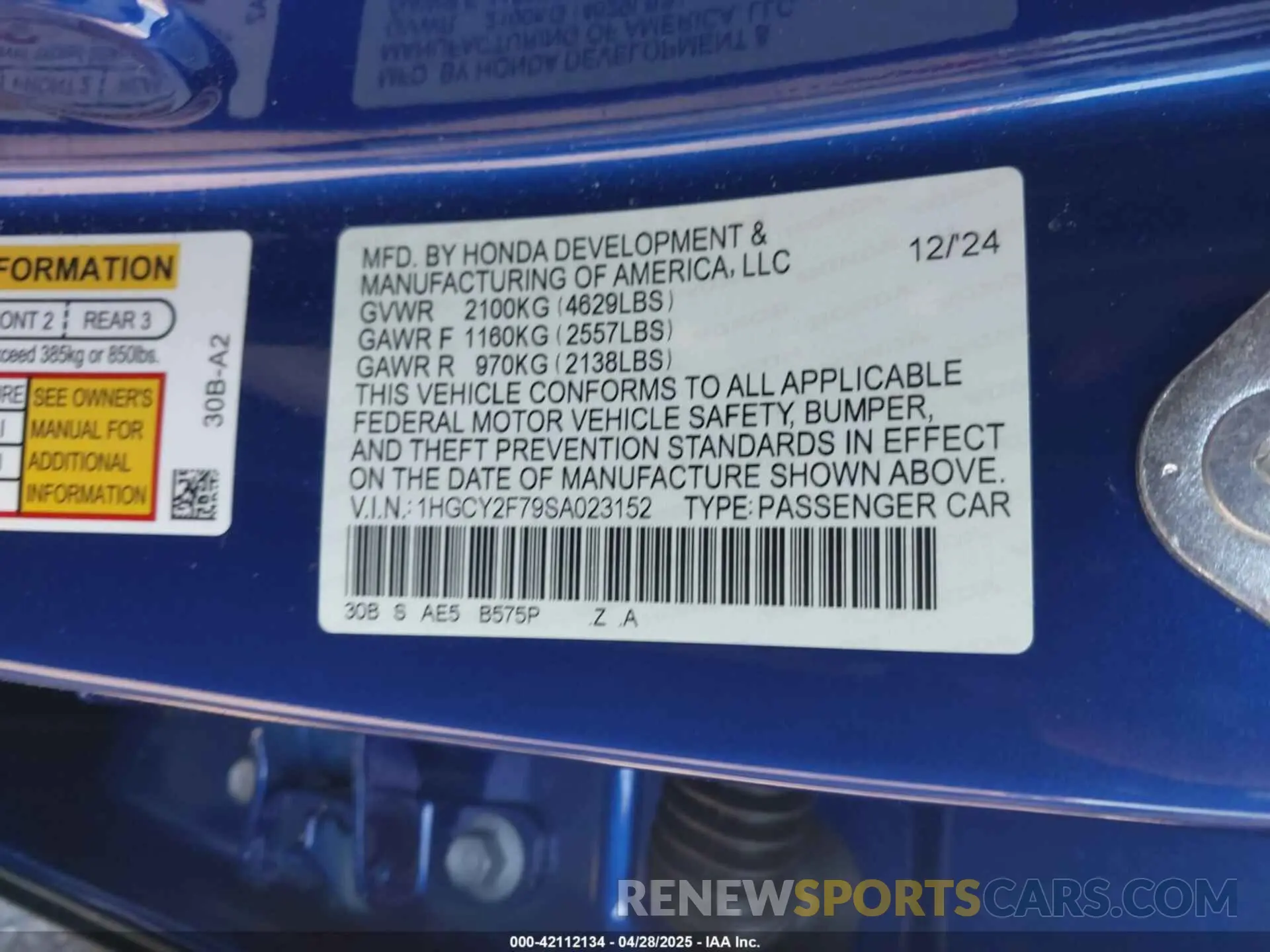 9 fotografías del automóvil dañado 1HGCY2F79SA023152 HONDA ACCORD 2025