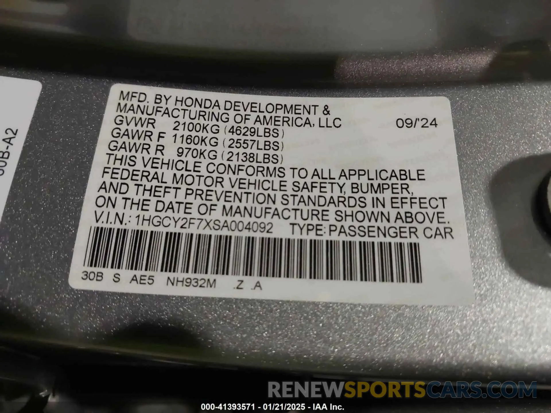 9 fotografías del automóvil dañado 1HGCY2F7XSA004092 HONDA ACCORD 2025