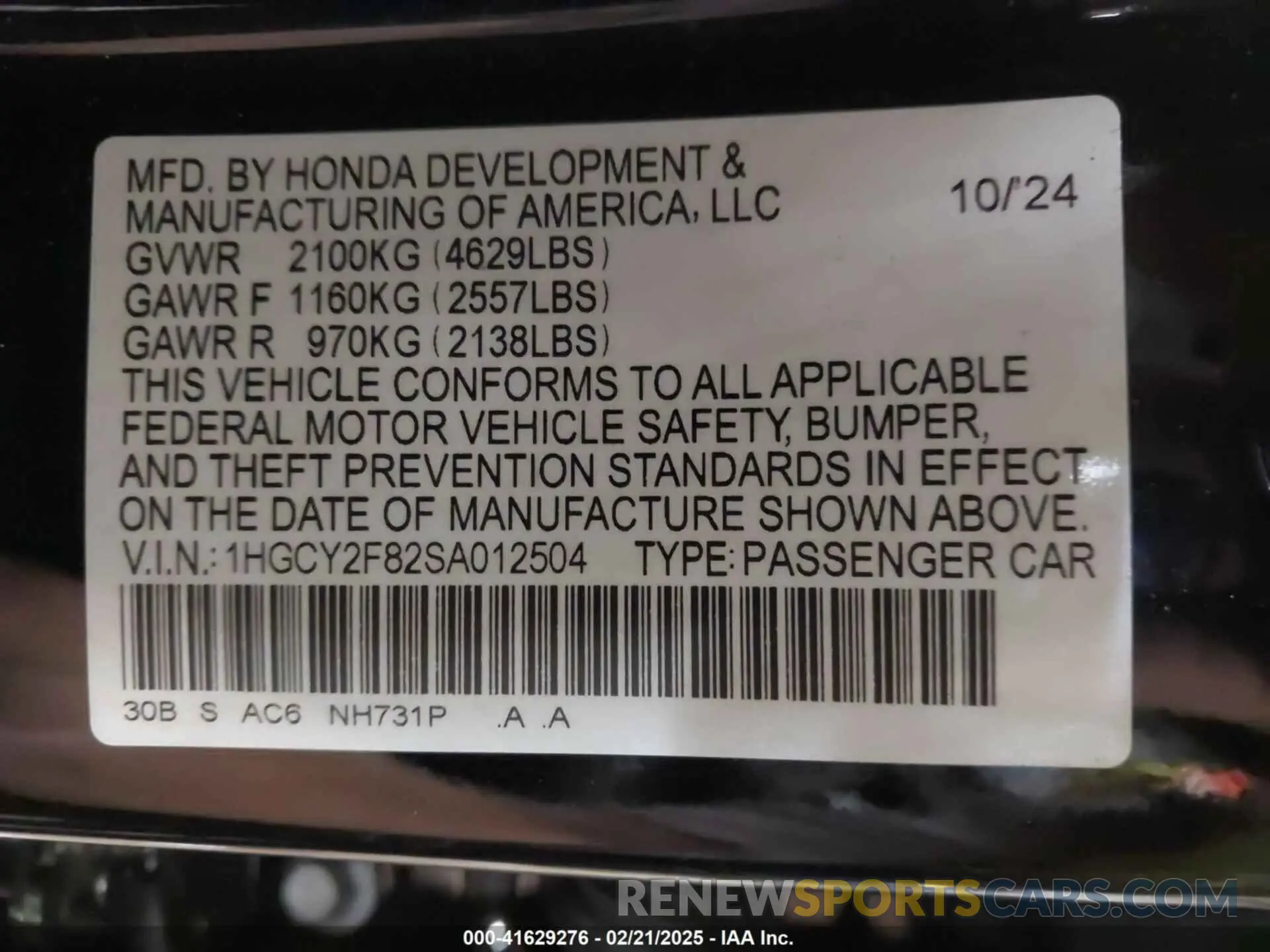 9 fotografías del automóvil dañado 1HGCY2F82SA012504 HONDA ACCORD 2025