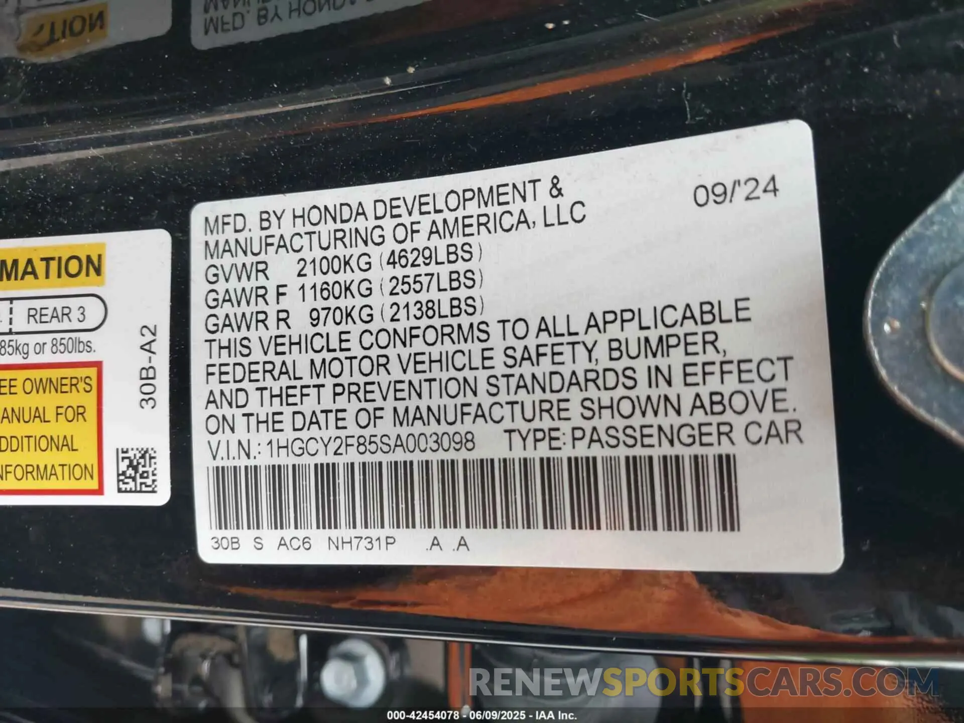 9 fotografías del automóvil dañado 1HGCY2F85SA003098 HONDA ACCORD 2025