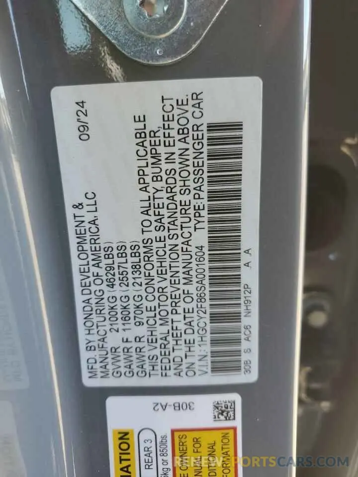 12 fotografías del automóvil dañado 1HGCY2F86SA001604 HONDA ACCORD 2025