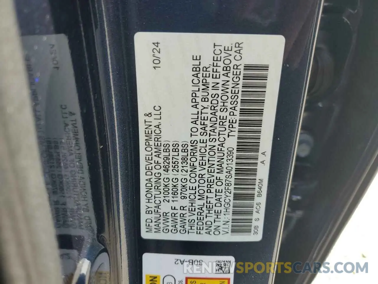 12 fotografías del automóvil dañado 1HGCY2F87SA013390 HONDA ACCORD 2025