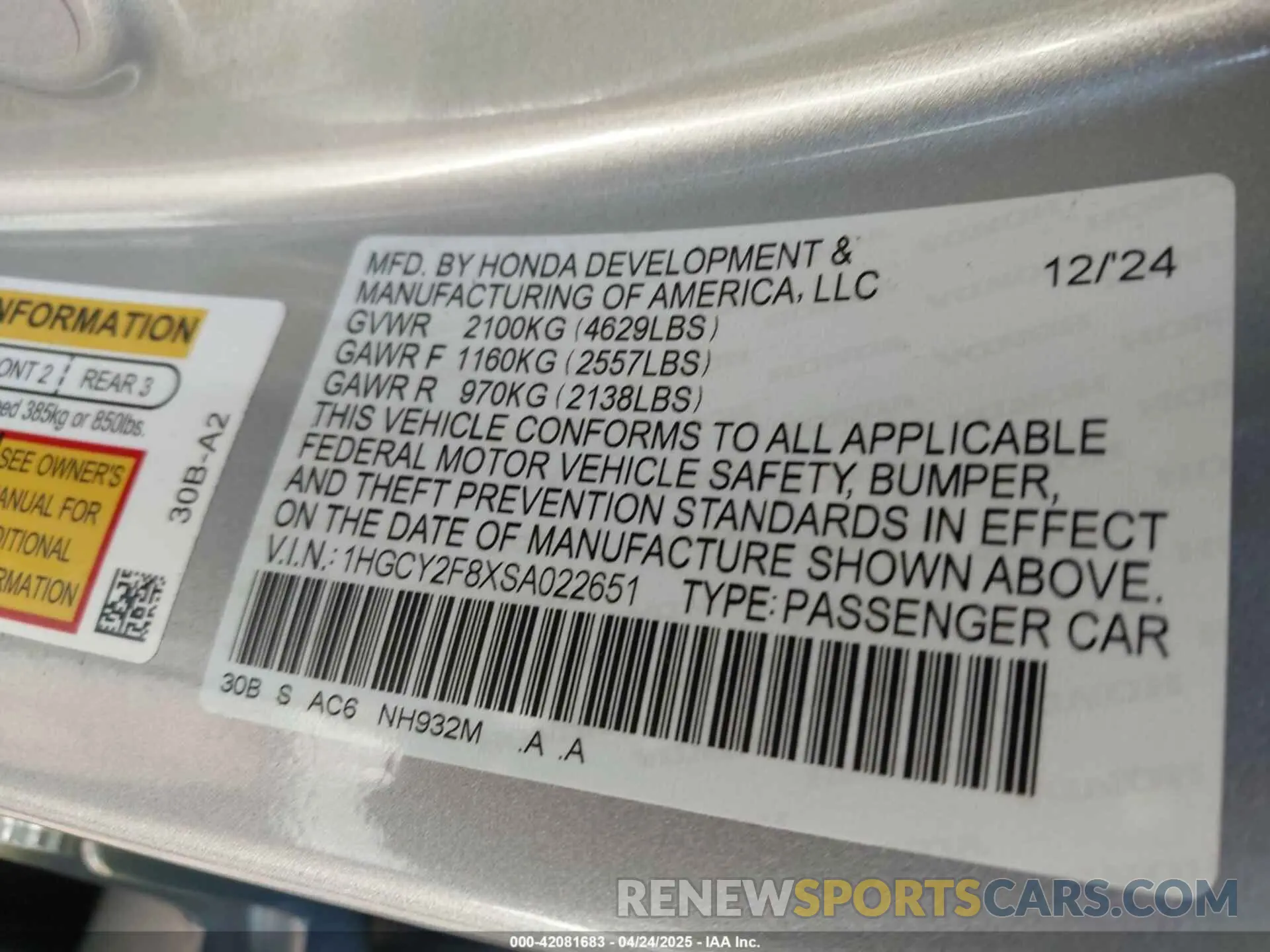 9 fotografías del automóvil dañado 1HGCY2F8XSA022651 HONDA ACCORD 2025