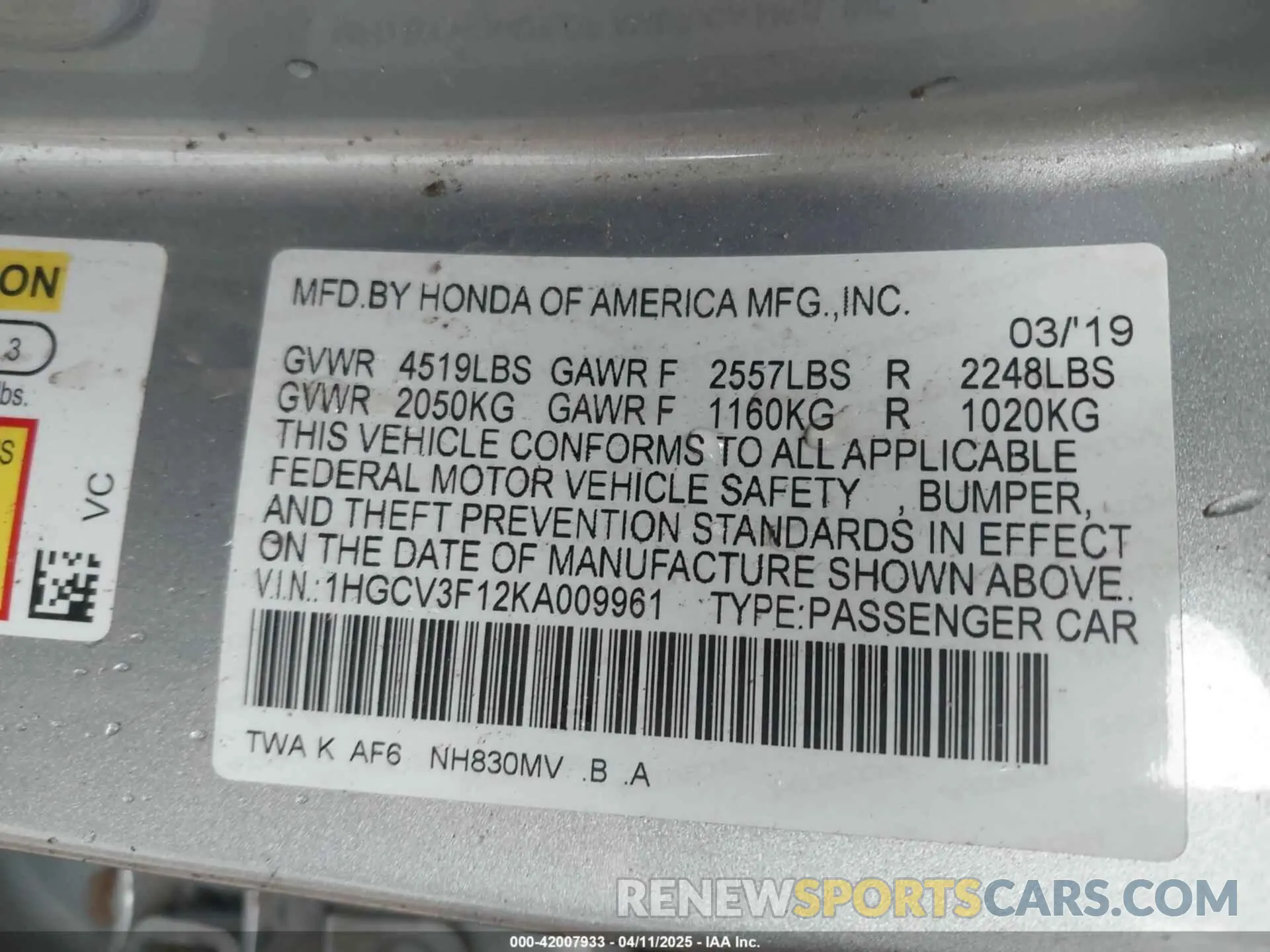 9 fotografías del automóvil dañado 1HGCV3F12KA009961 HONDA ACCORD HYBRID 2019