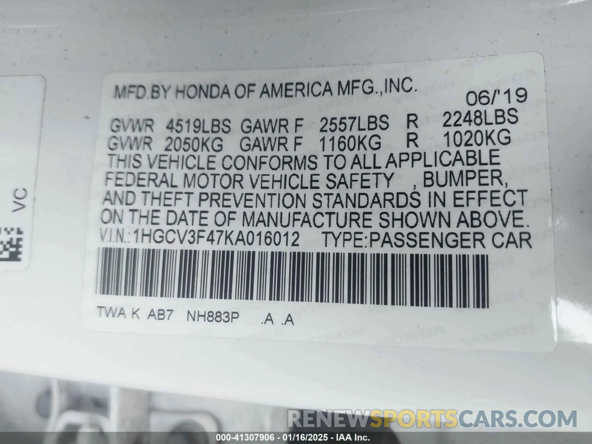 9 fotografías del automóvil dañado 1HGCV3F47KA016012 HONDA ACCORD HYBRID 2019