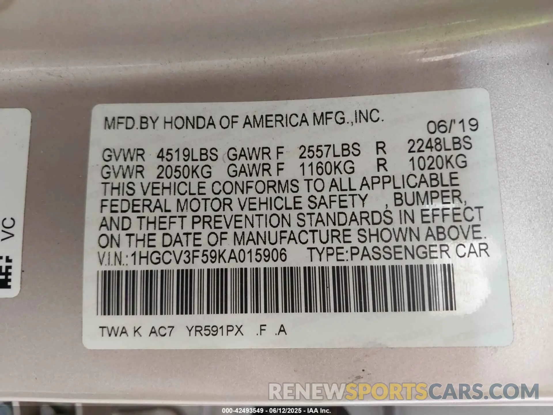 9 fotografías del automóvil dañado 1HGCV3F59KA015906 HONDA ACCORD HYBRID 2019