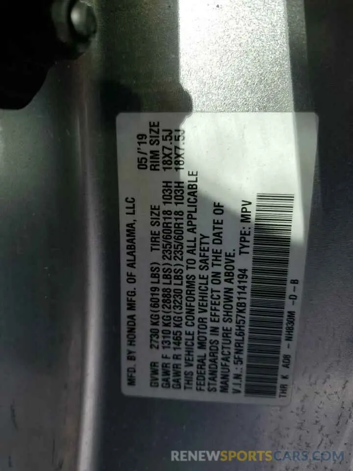 14 fotografías del automóvil dañado 5FNRL6H57KB114194 HONDA All Models 2019