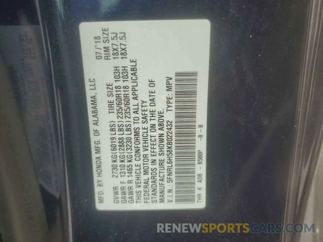 13 fotografías del automóvil dañado 5FNRL6H58KB022432 HONDA All Models 2019