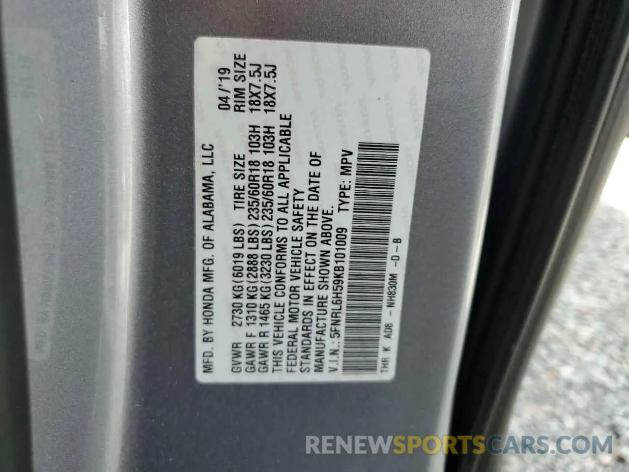 13 fotografías del automóvil dañado 5FNRL6H59KB101009 HONDA All Models 2019