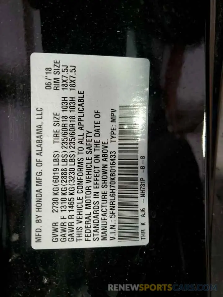 13 fotografías del automóvil dañado 5FNRL6H70KB016433 HONDA All Models 2019