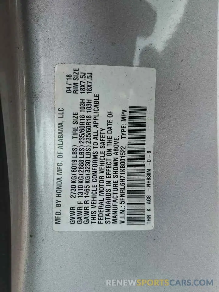 13 fotografías del automóvil dañado 5FNRL6H71KB001522 HONDA All Models 2019