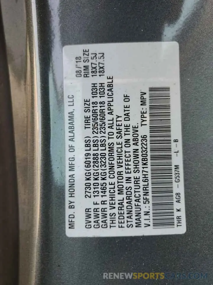14 fotografías del automóvil dañado 5FNRL6H71KB032236 HONDA All Models 2019