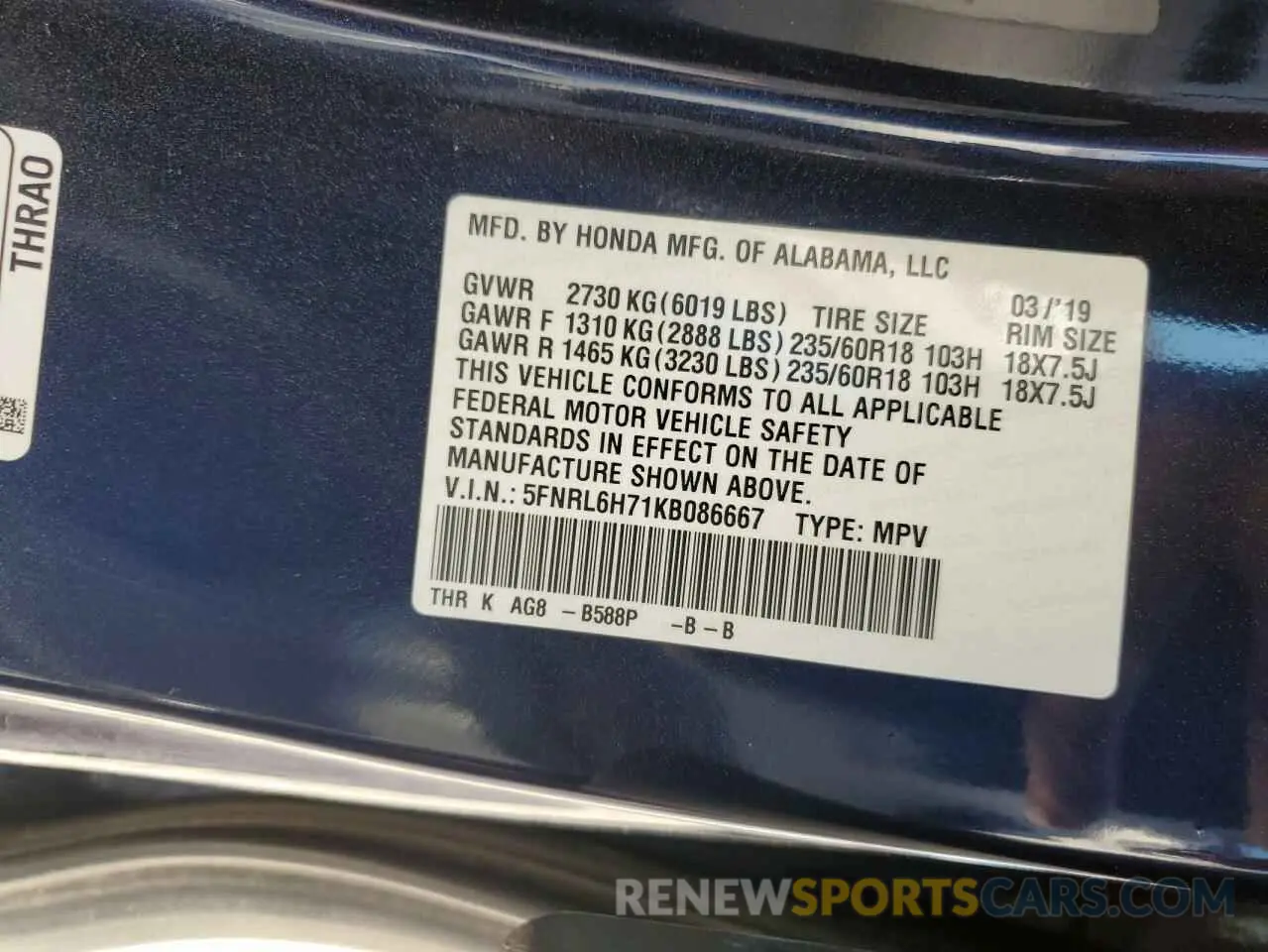 13 fotografías del automóvil dañado 5FNRL6H71KB086667 HONDA All Models 2019