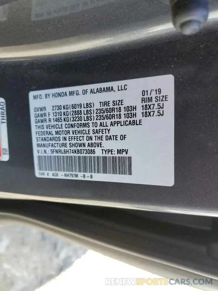13 fotografías del automóvil dañado 5FNRL6H74KB073086 HONDA All Models 2019