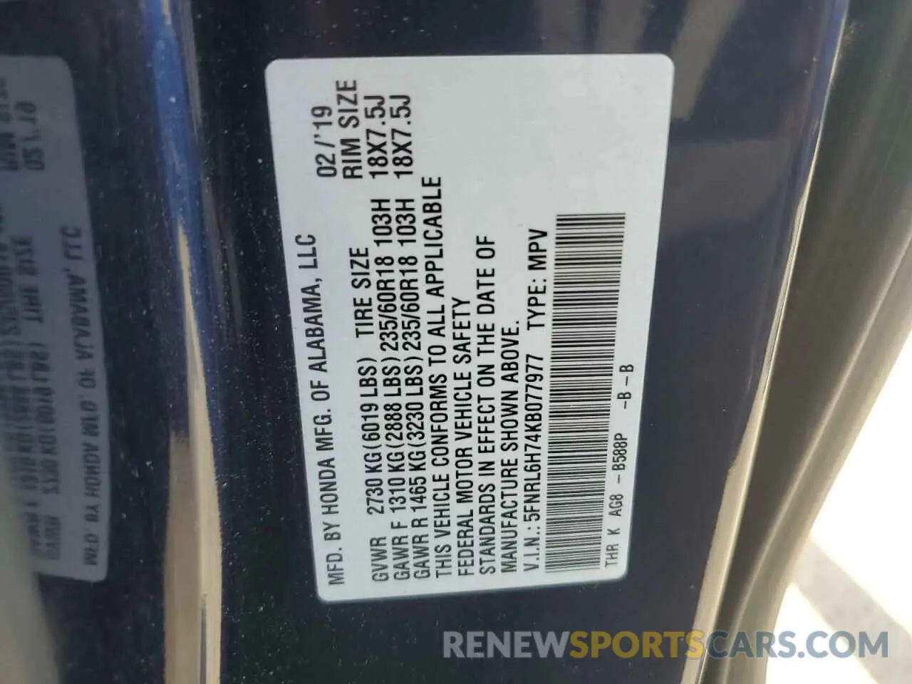 13 fotografías del automóvil dañado 5FNRL6H74KB077977 HONDA All Models 2019
