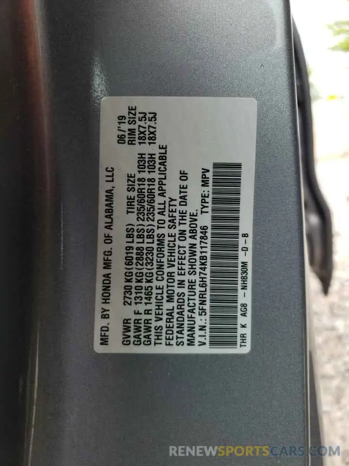 14 fotografías del automóvil dañado 5FNRL6H74KB117846 HONDA All Models 2019