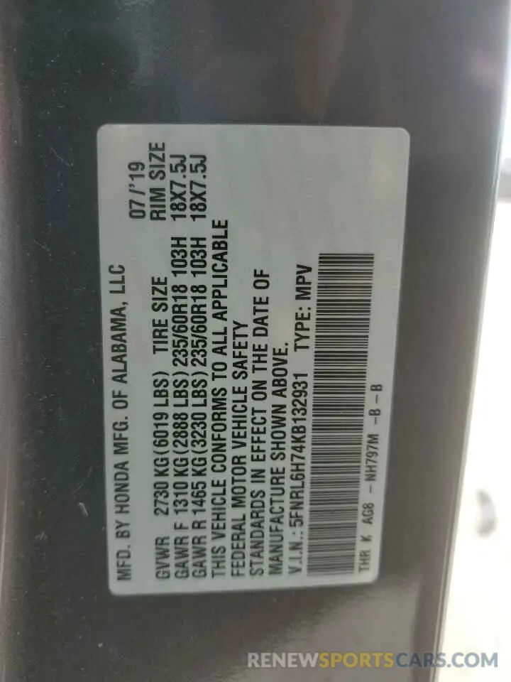 13 fotografías del automóvil dañado 5FNRL6H74KB132931 HONDA All Models 2019