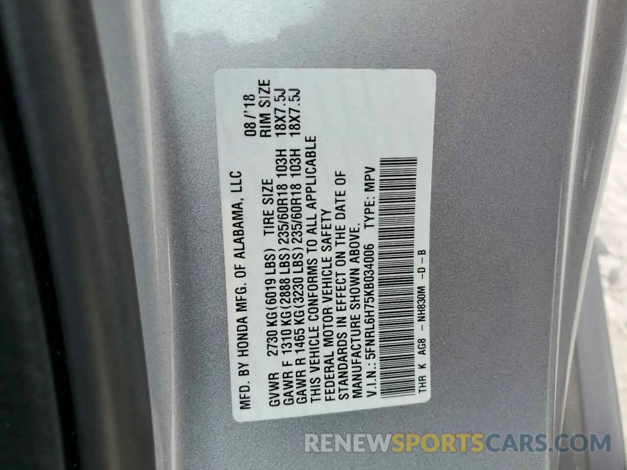 15 fotografías del automóvil dañado 5FNRL6H75KB034006 HONDA All Models 2019