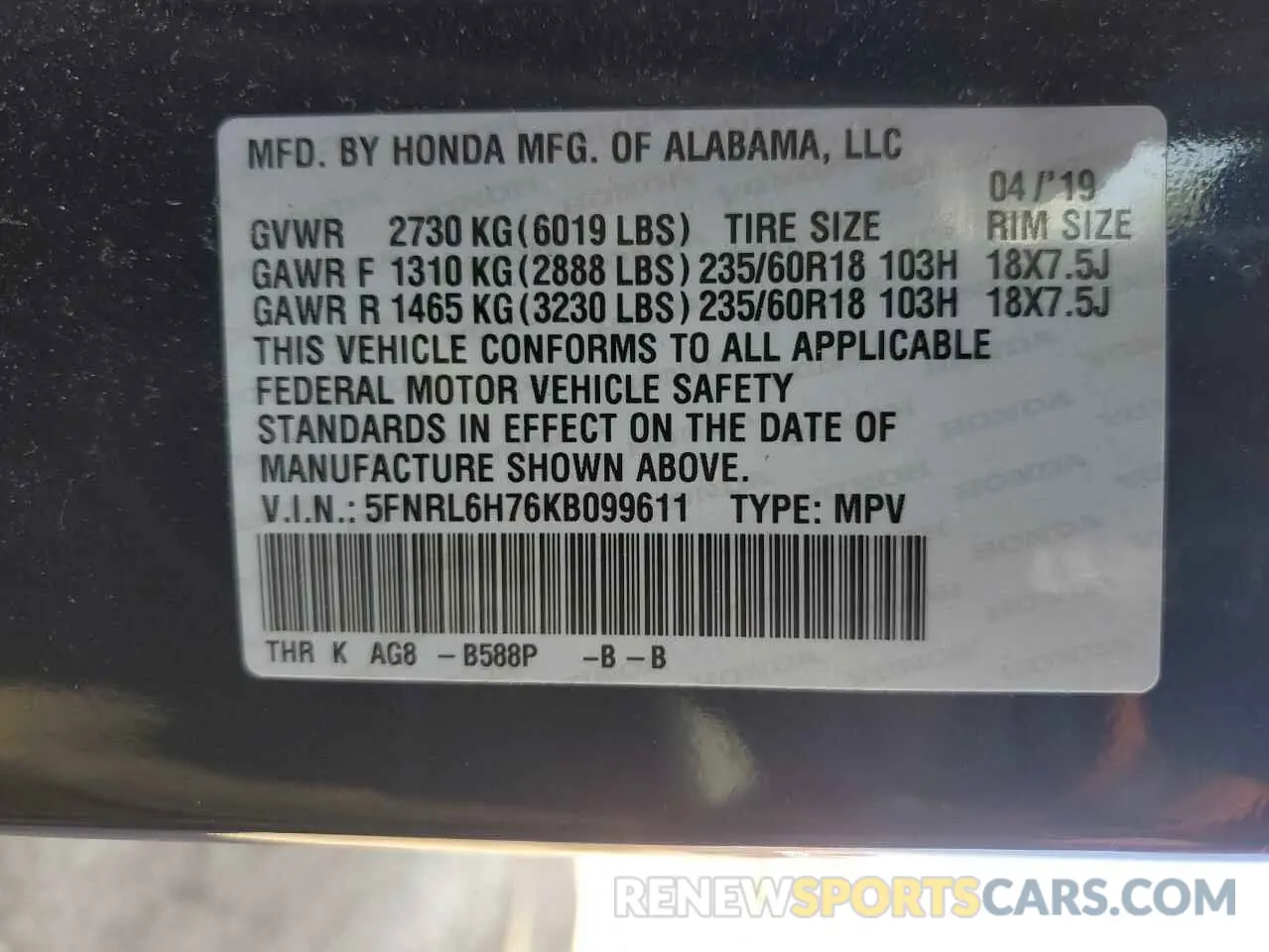 15 fotografías del automóvil dañado 5FNRL6H76KB099611 HONDA All Models 2019