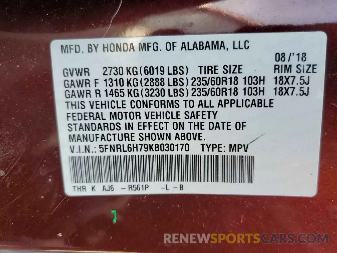 13 fotografías del automóvil dañado 5FNRL6H79KB030170 HONDA All Models 2019