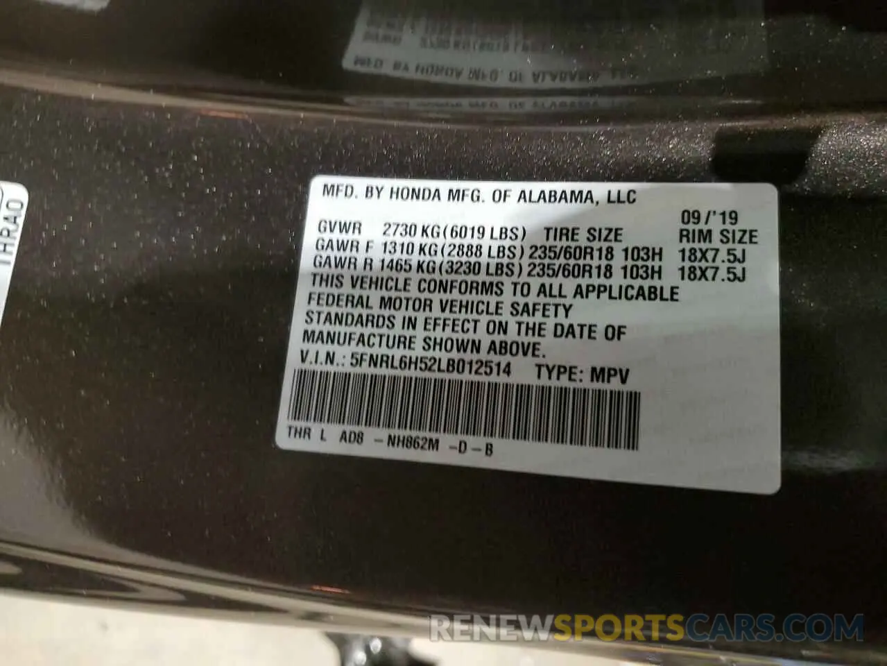 14 fotografías del automóvil dañado 5FNRL6H52LB012514 HONDA All Models 2020
