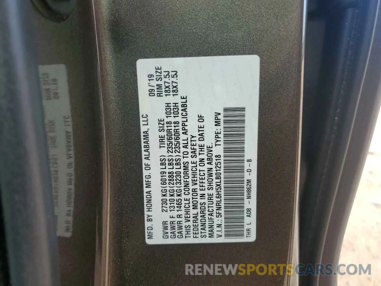 13 fotografías del automóvil dañado 5FNRL6H5XLB012518 HONDA All Models 2020