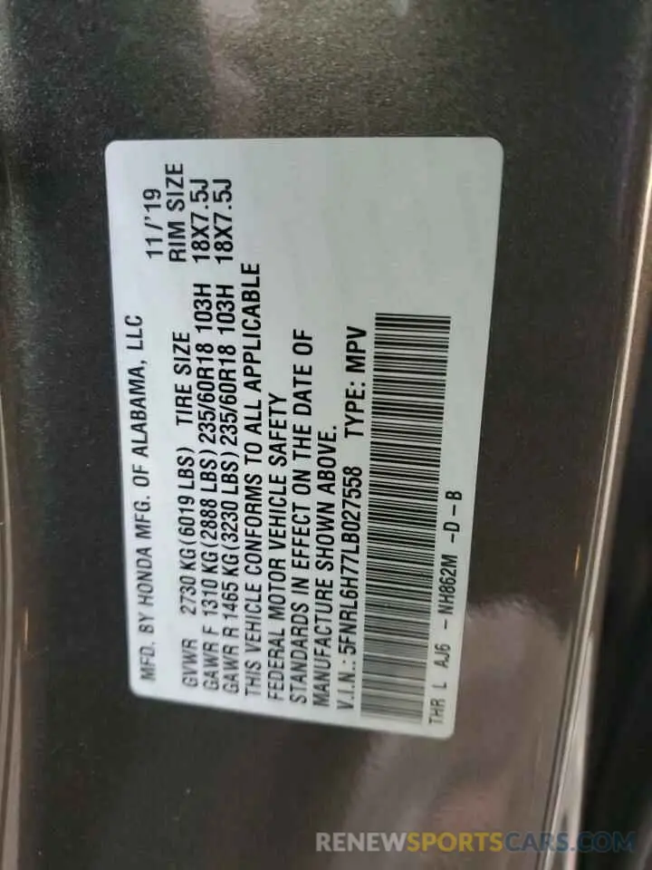16 fotografías del automóvil dañado 5FNRL6H77LB027558 HONDA All Models 2020