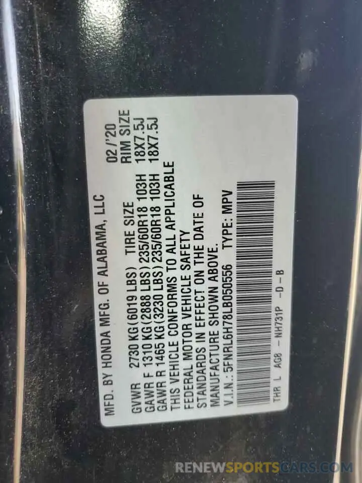 13 fotografías del automóvil dañado 5FNRL6H78LB050556 HONDA All Models 2020