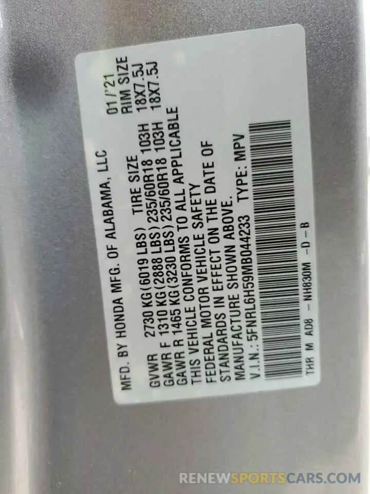 13 fotografías del automóvil dañado 5FNRL6H59MB044233 HONDA All Models 2021