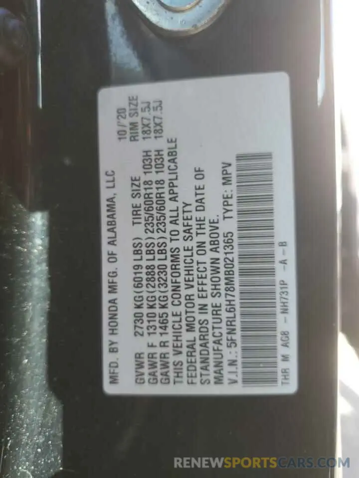 13 fotografías del automóvil dañado 5FNRL6H78MB021365 HONDA All Models 2021
