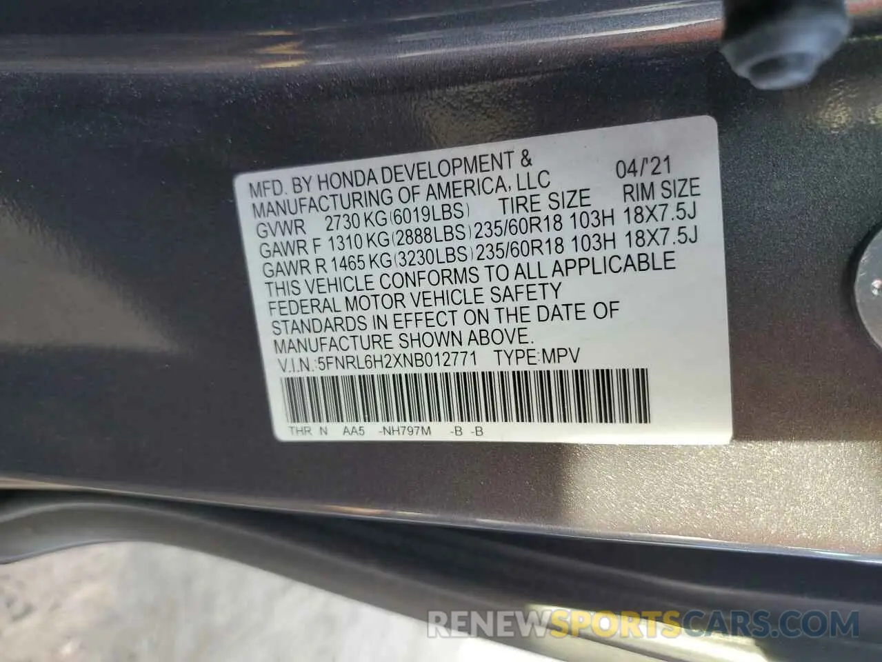 12 fotografías del automóvil dañado 5FNRL6H2XNB012771 HONDA All Models 2022