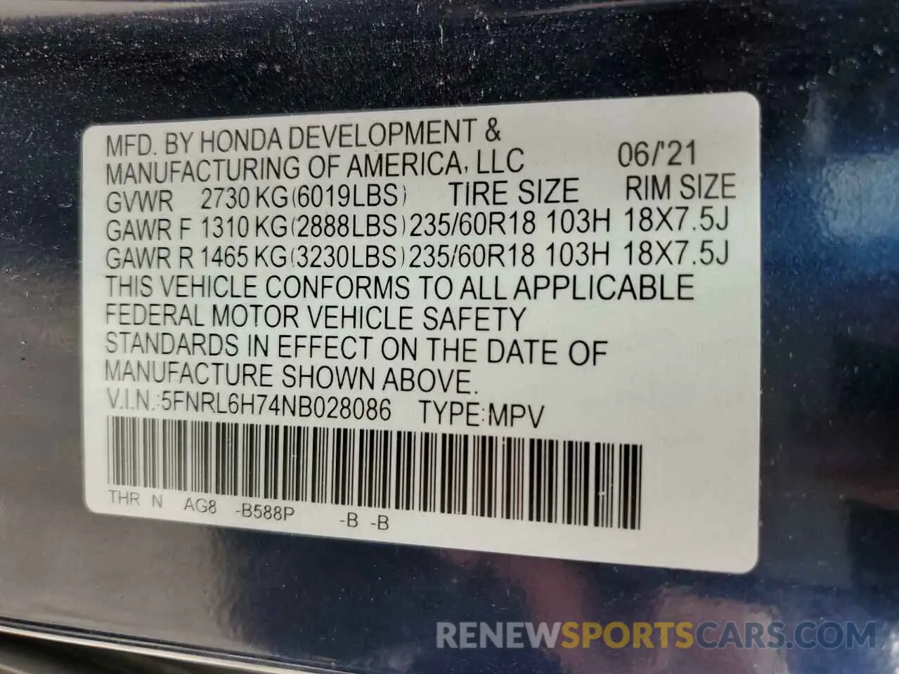 13 fotografías del automóvil dañado 5FNRL6H74NB028086 HONDA All Models 2022