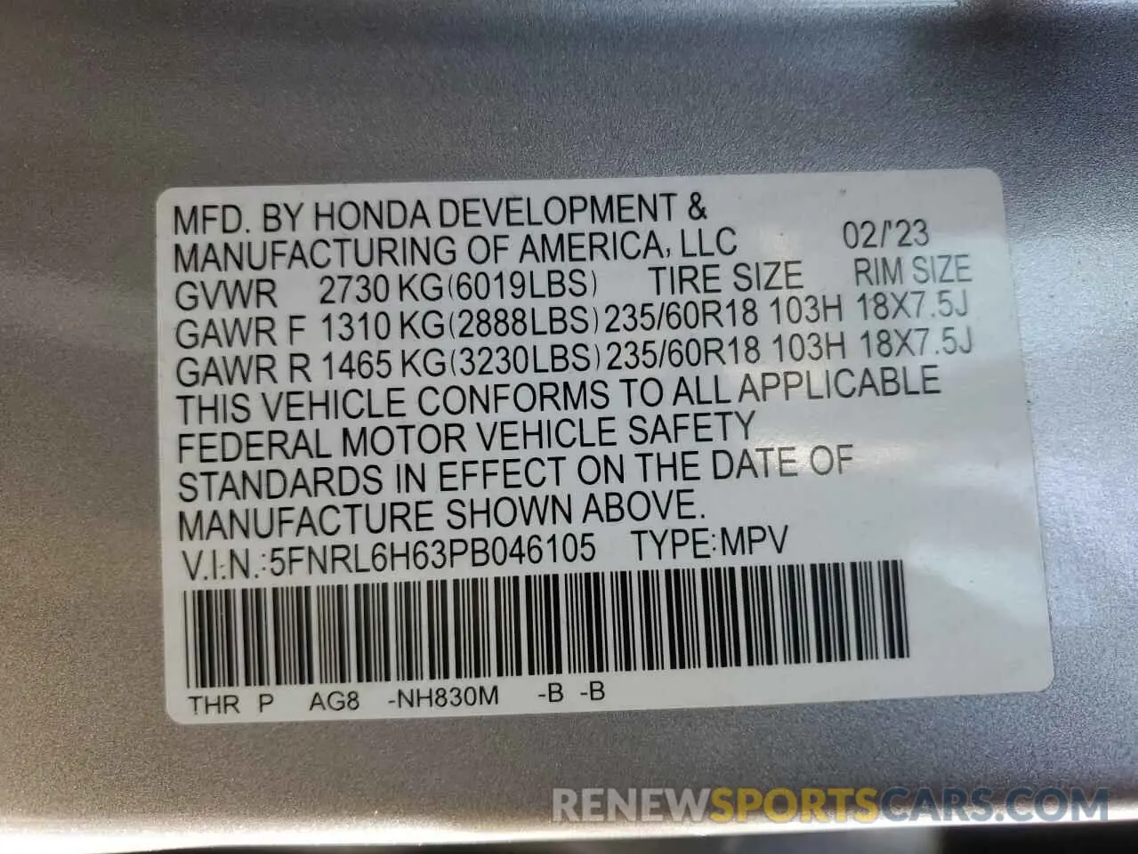 14 fotografías del automóvil dañado 5FNRL6H63PB046105 HONDA All Models 2023