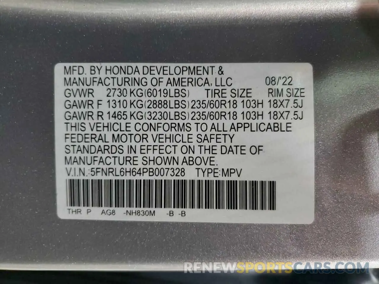 14 fotografías del automóvil dañado 5FNRL6H64PB007328 HONDA All Models 2023