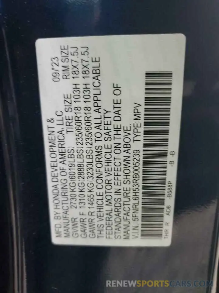13 fotografías del automóvil dañado 5FNRL6H53RB005239 HONDA All Models 2024
