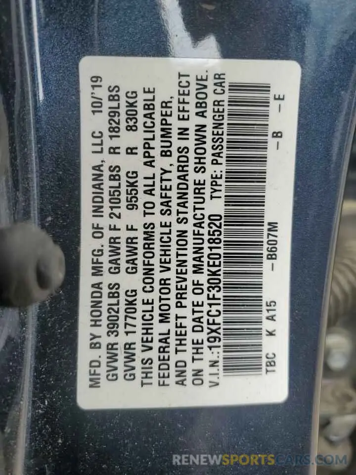 12 fotografías del automóvil dañado 19XFC1F30KE018520 HONDA CIVIC 2019