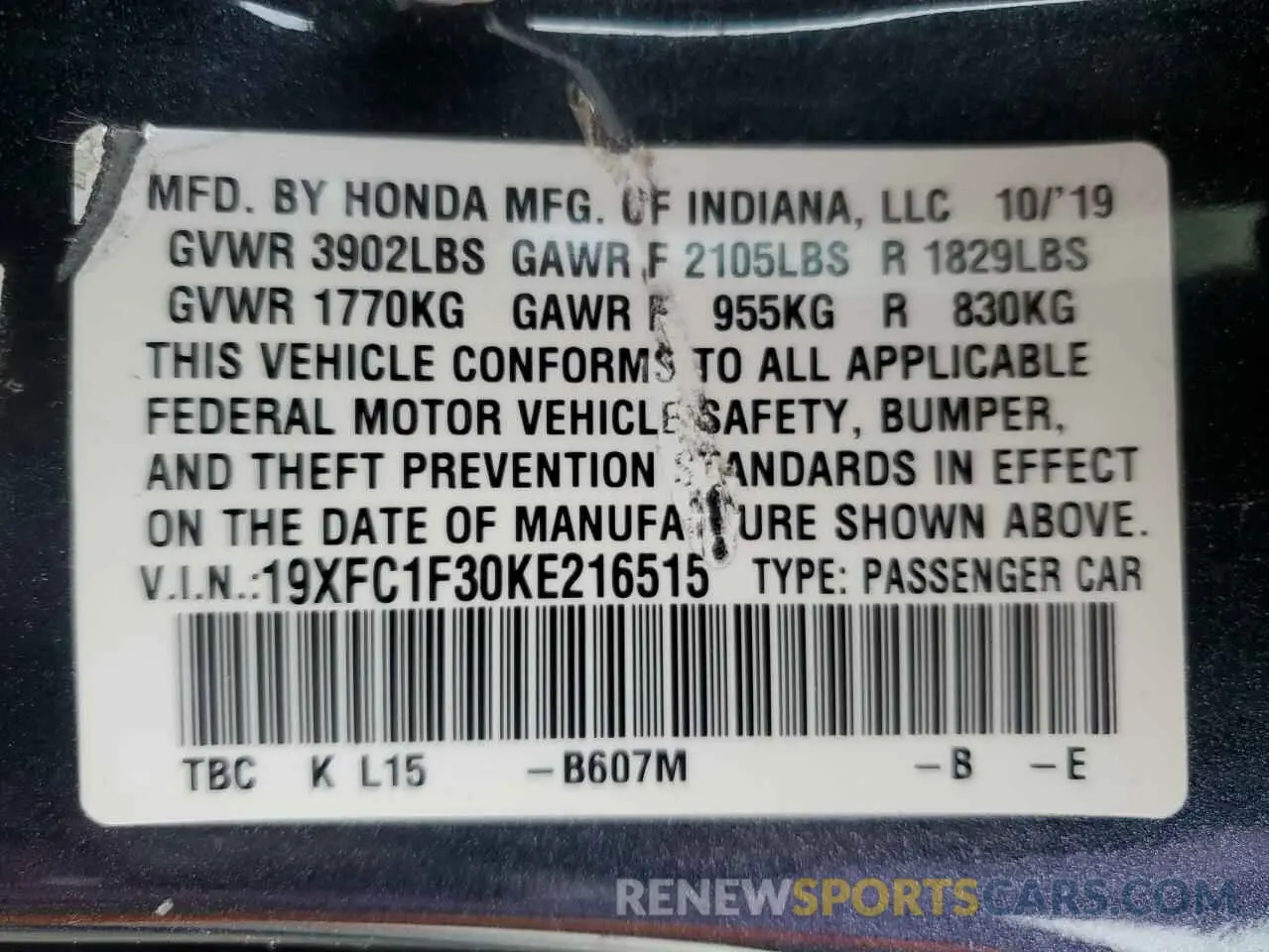 12 fotografías del automóvil dañado 19XFC1F30KE216515 HONDA CIVIC 2019