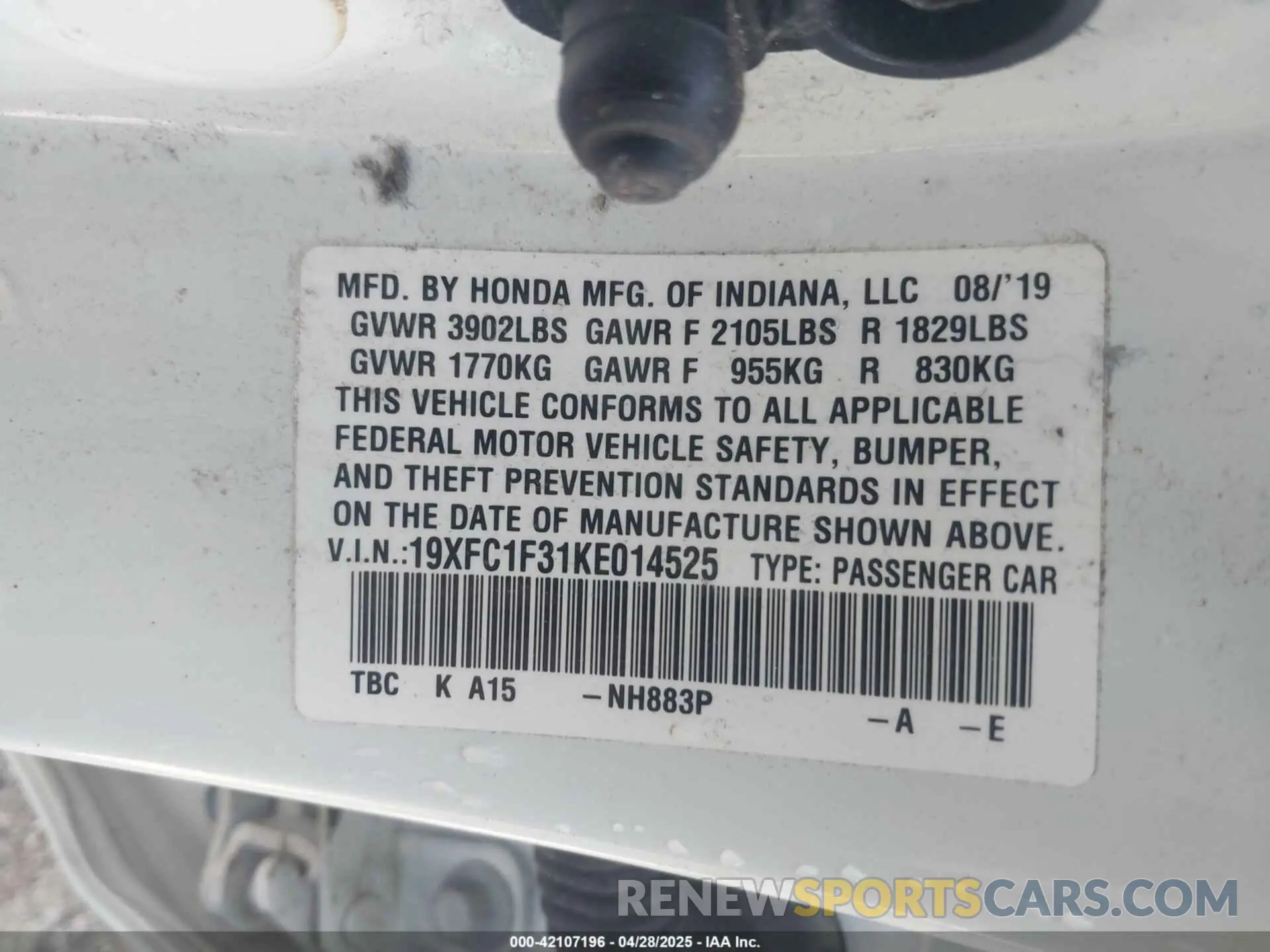9 fotografías del automóvil dañado 19XFC1F31KE014525 HONDA CIVIC 2019