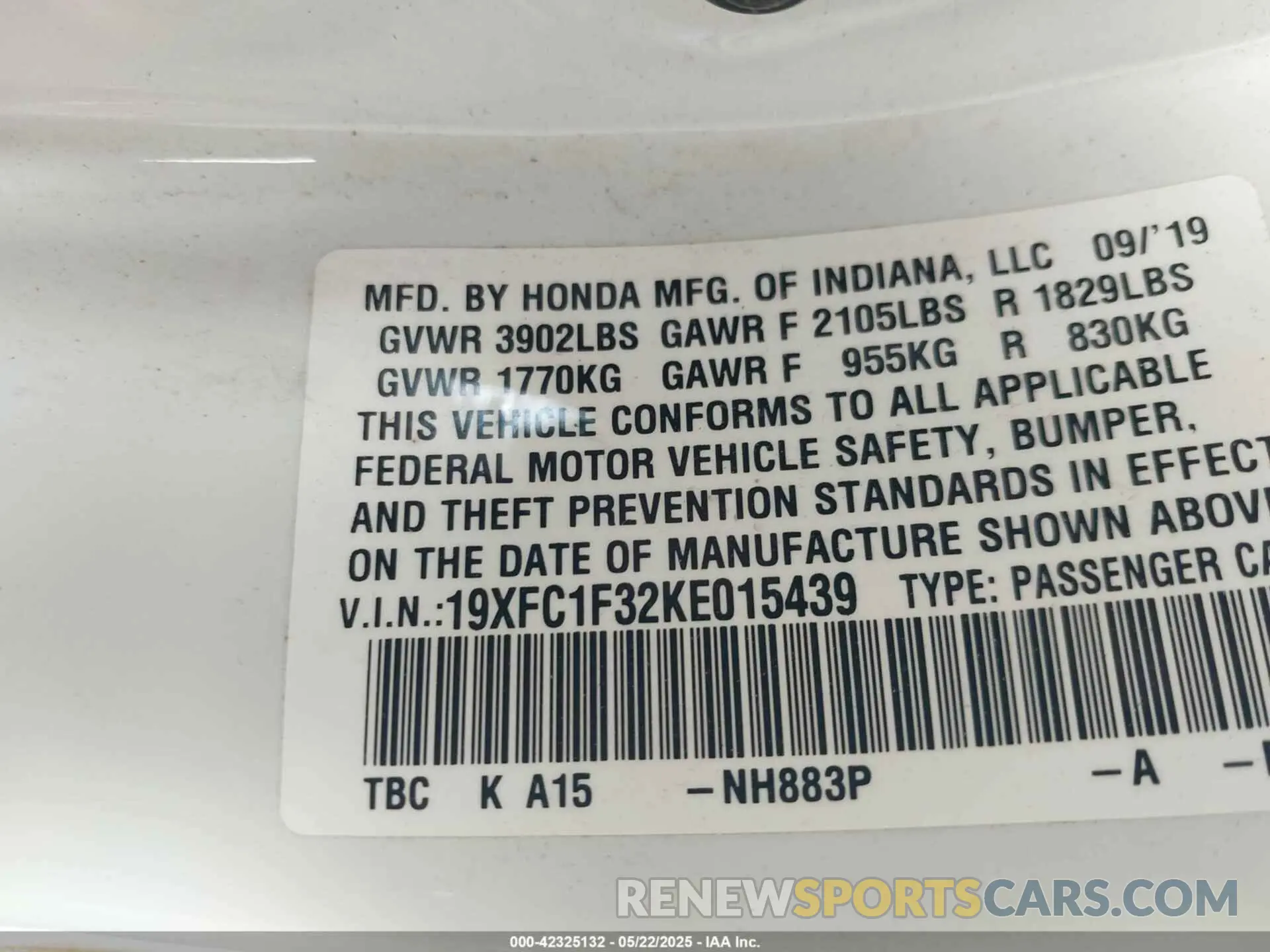 9 fotografías del automóvil dañado 19XFC1F32KE015439 HONDA CIVIC 2019