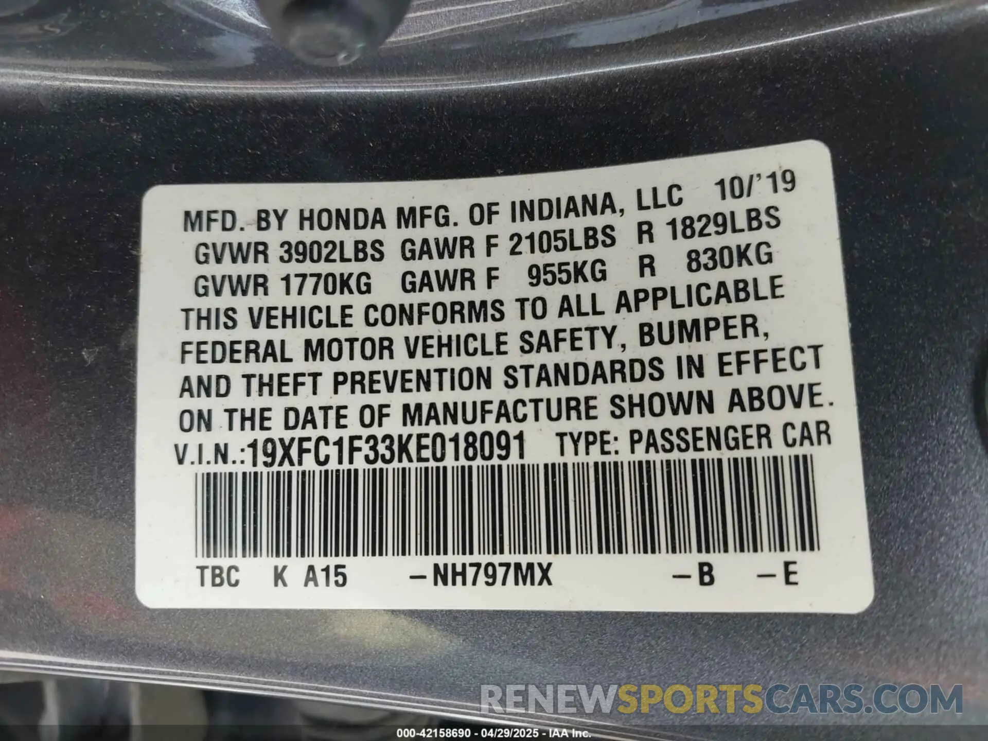9 fotografías del automóvil dañado 19XFC1F33KE018091 HONDA CIVIC 2019