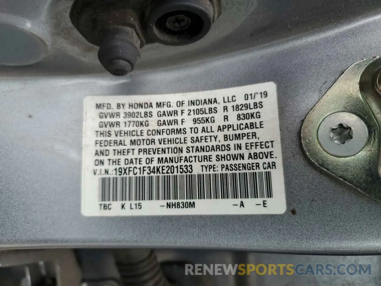 12 fotografías del automóvil dañado 19XFC1F34KE201533 HONDA CIVIC 2019