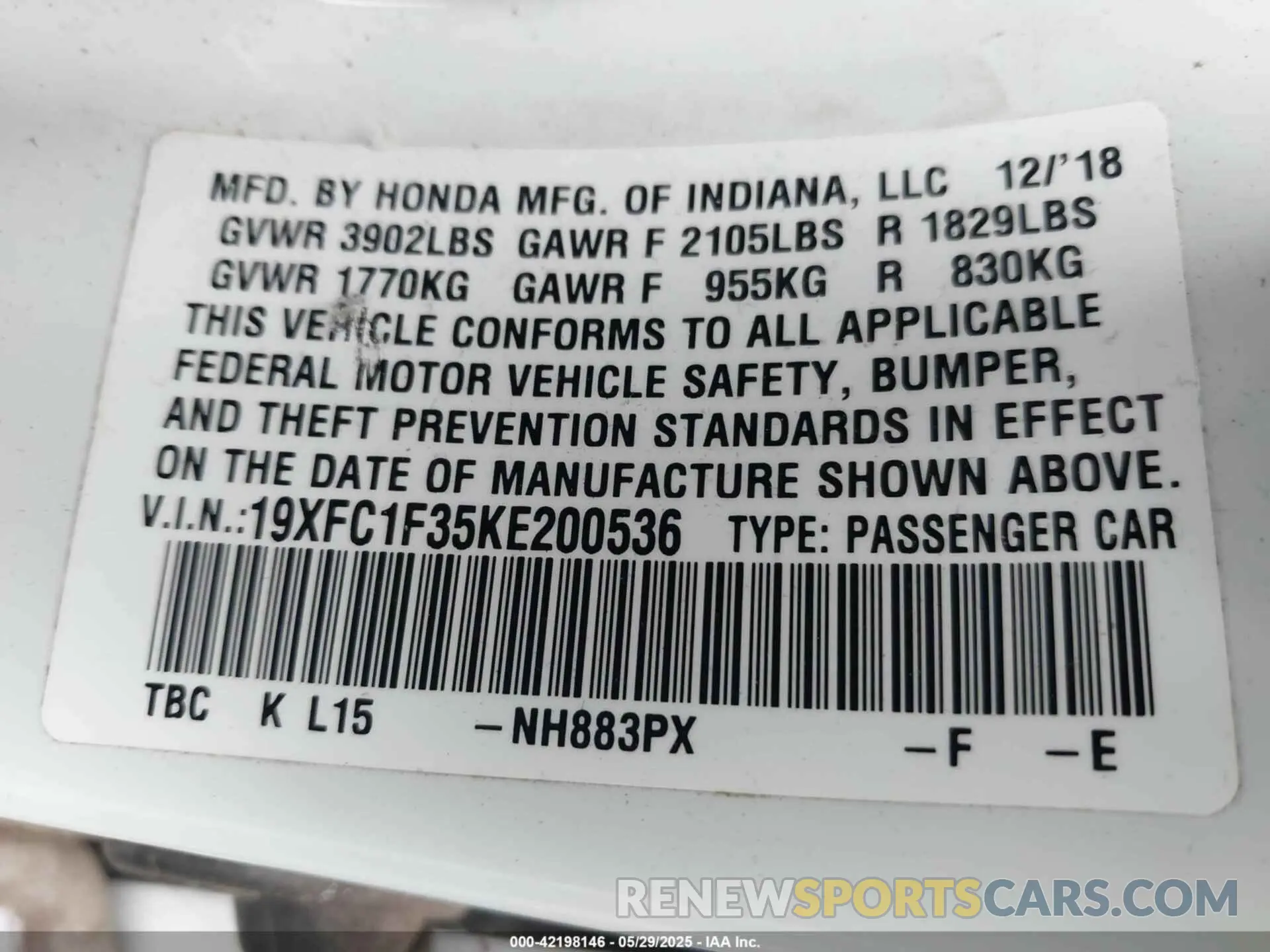 9 fotografías del automóvil dañado 19XFC1F35KE200536 HONDA CIVIC 2019