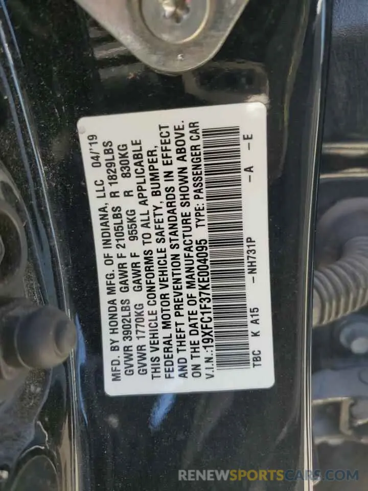12 fotografías del automóvil dañado 19XFC1F37KE004095 HONDA CIVIC 2019