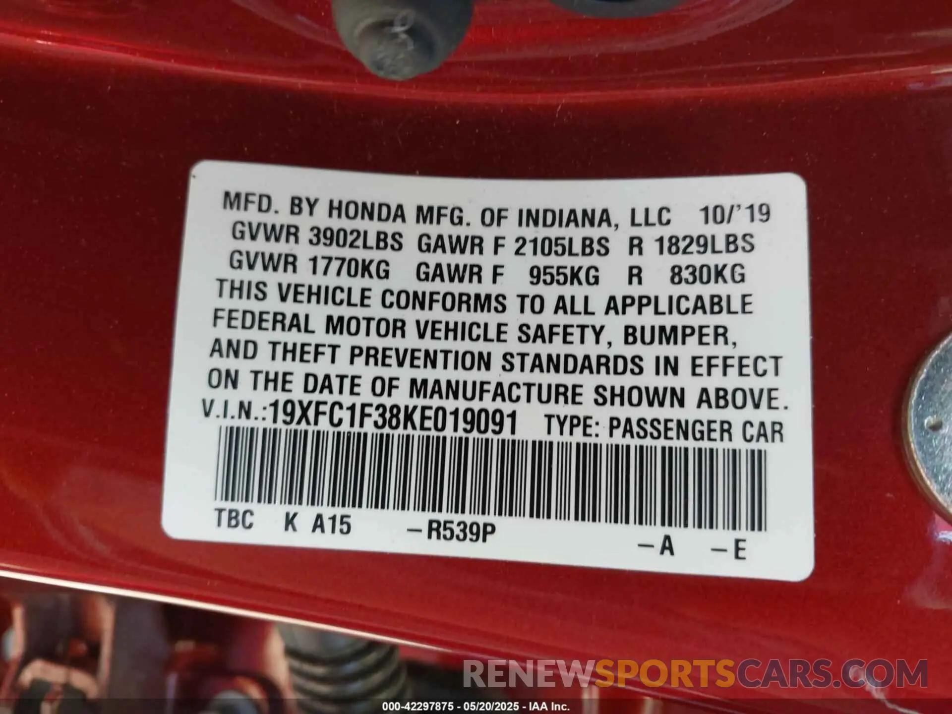 9 fotografías del automóvil dañado 19XFC1F38KE019091 HONDA CIVIC 2019