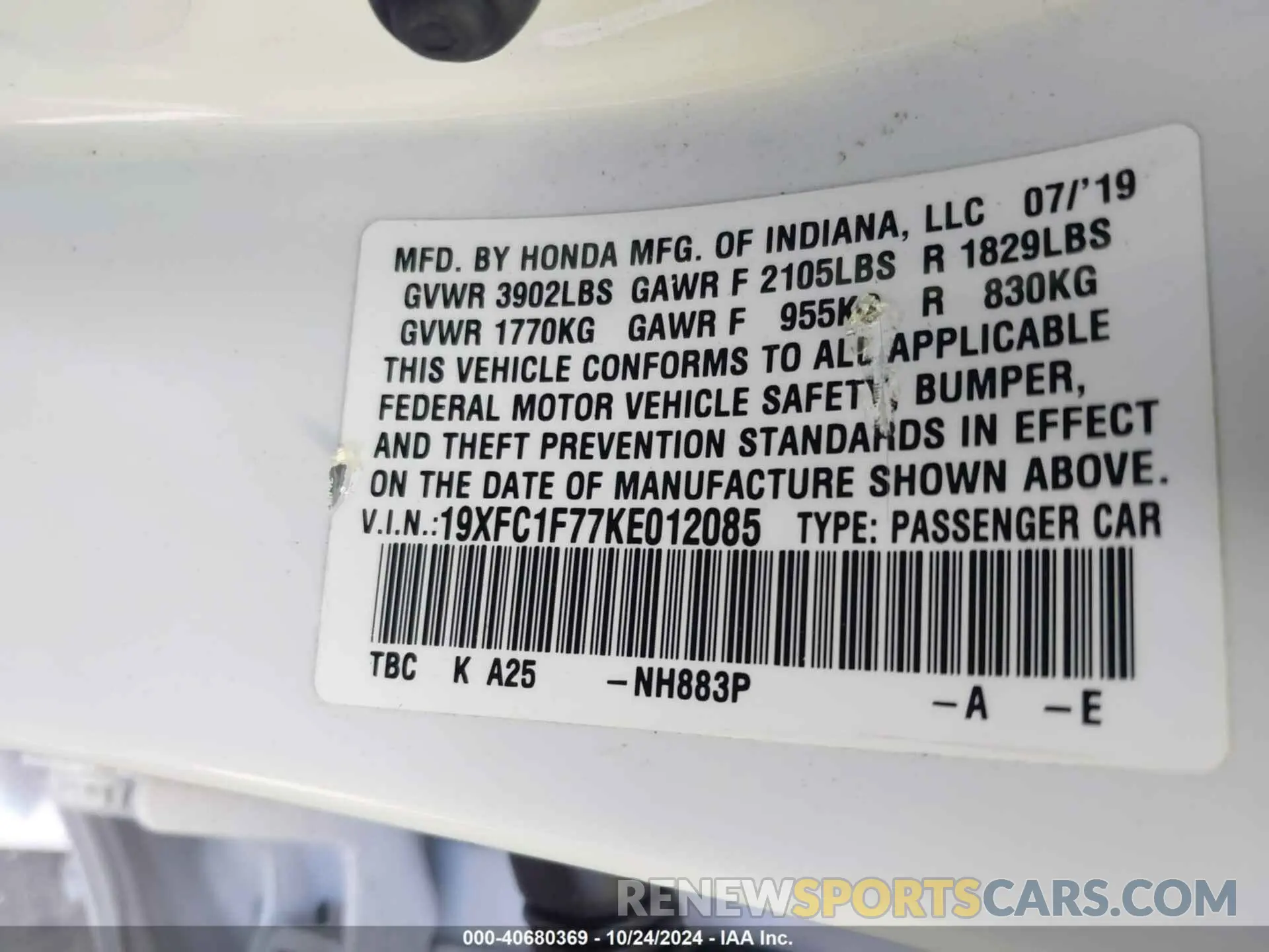 9 fotografías del automóvil dañado 19XFC1F77KE012085 HONDA CIVIC 2019