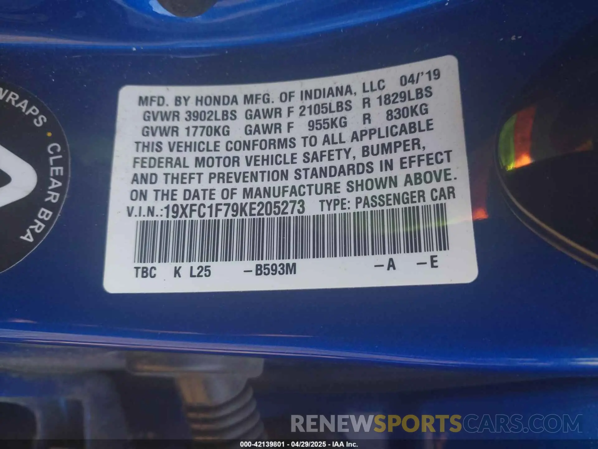 9 fotografías del automóvil dañado 19XFC1F79KE205273 HONDA CIVIC 2019