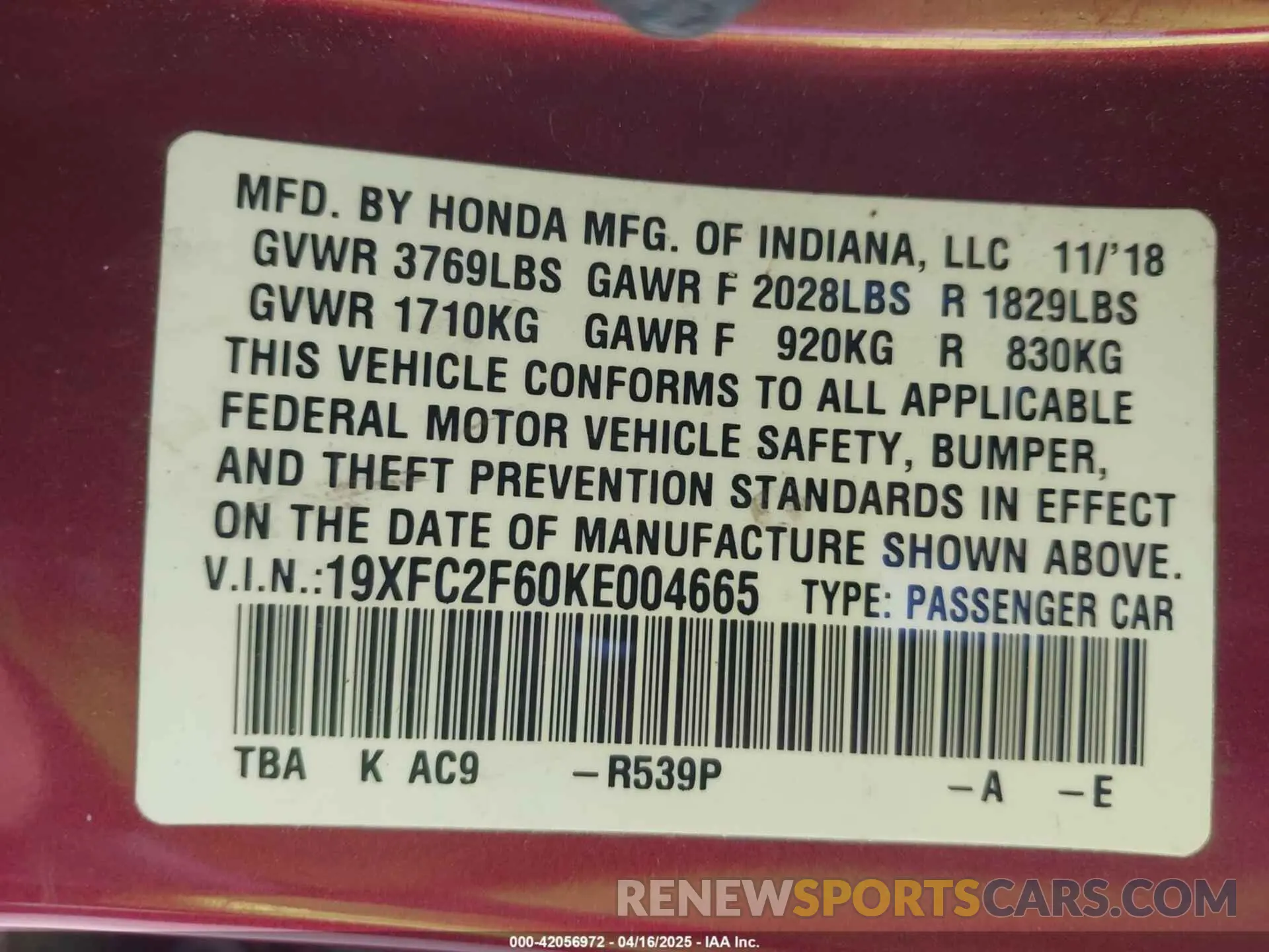 9 fotografías del automóvil dañado 19XFC2F60KE004665 HONDA CIVIC 2019