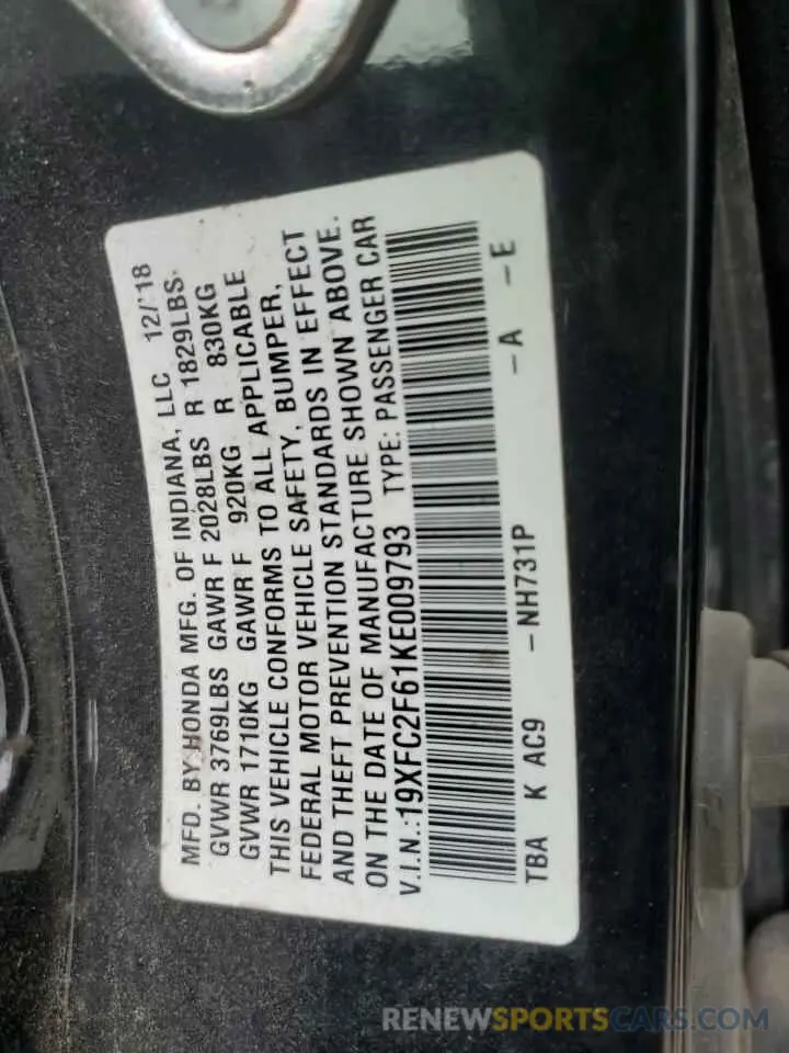 12 fotografías del automóvil dañado 19XFC2F61KE009793 HONDA CIVIC 2019