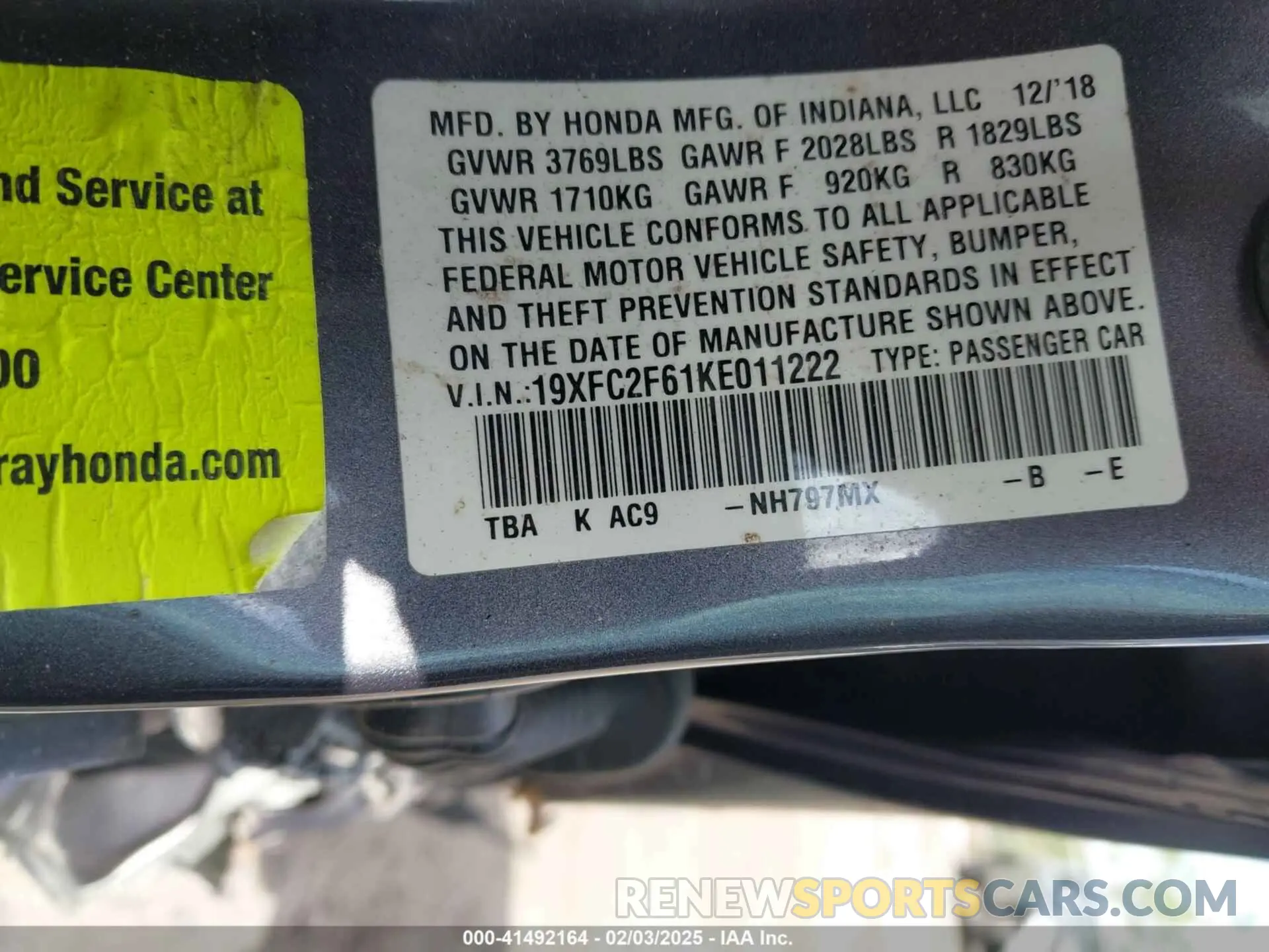 9 fotografías del automóvil dañado 19XFC2F61KE011222 HONDA CIVIC 2019